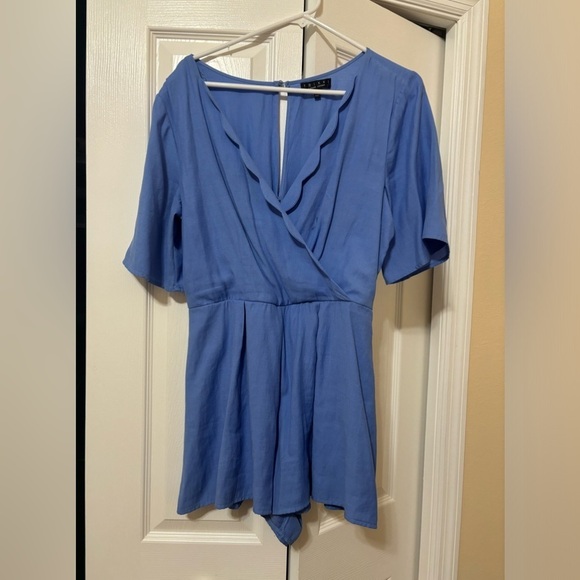 Pants - Blue scalloped neck romper